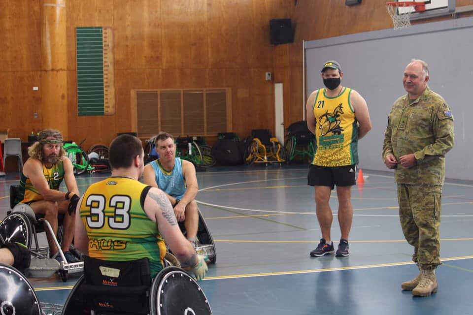 Australian Army officer Major General Douglas Laidlaw, AM, CSC, meets the Invictus Games 2020 Team Australia wheelchair rugby competitors during a training camp at the Sydney Academy of Sport & Recreation at Narrabeen, NSW.